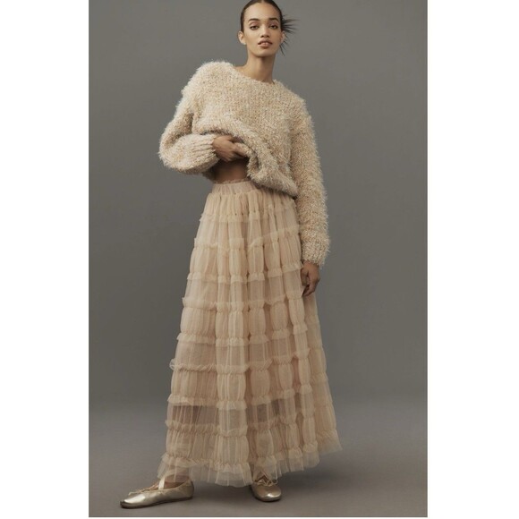 Anthropologie Shirred Tulle Preppy Maxi Skirt Sz XS Light Sand NWT